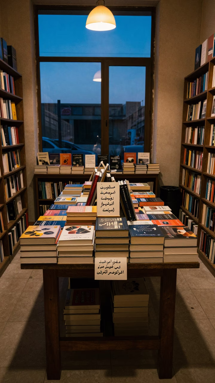 Staff Picks and Hardcovers in Mashhad Bookstore in inside a bright retail aisle in Mashhad