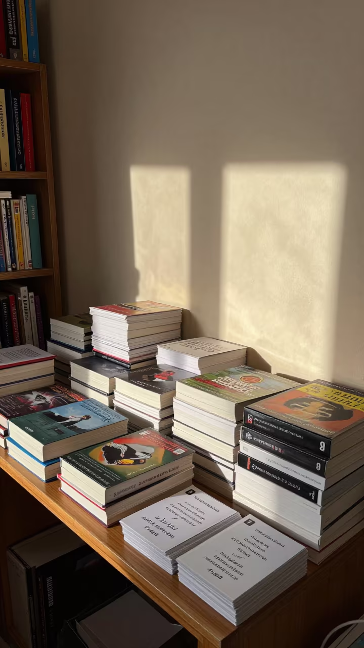 Staff Picks and Hardcovers on Stockroom Table in inside a stockroom behind the sales floor in Dushanbe
