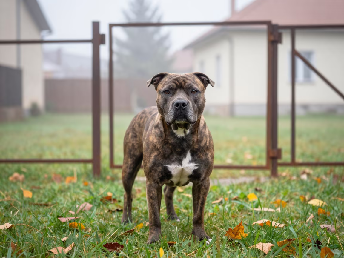 Staffordshire Bull Terrier Autumn Portrait in Miskolc Yard in in a small yard with clipped grass, calm light, and the animal centered in frame in Miskolc