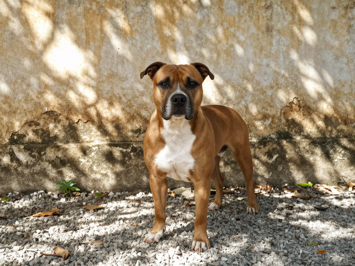 Staffordshire Bull Terrier in Santiago de Veraguas Courtyard in beside a plain courtyard wall in clear daylight with the animal at eye level in Santiago de Veraguas
