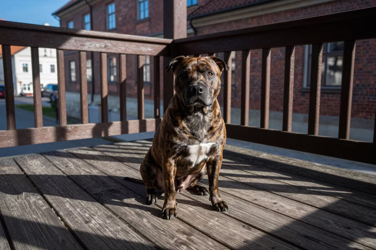 Staffordshire Bull Terrier on Brno Porch in on a shaded front porch with boards, railings, and eye-level framing in Brno