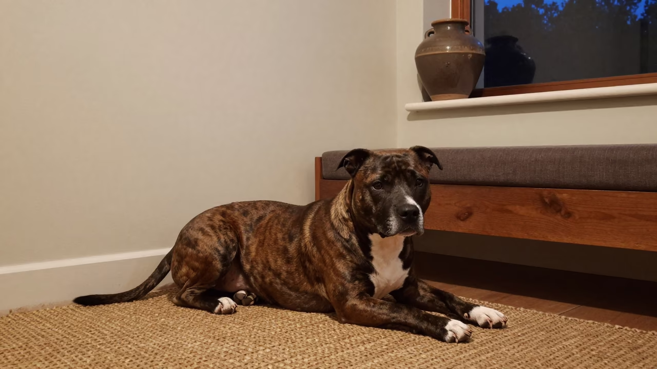 Staffordshire Bull Terrier on Rug in Mbanza Kongo Home in on a woven rug beside a low couch and an uncluttered wall in M'banza-Kongo