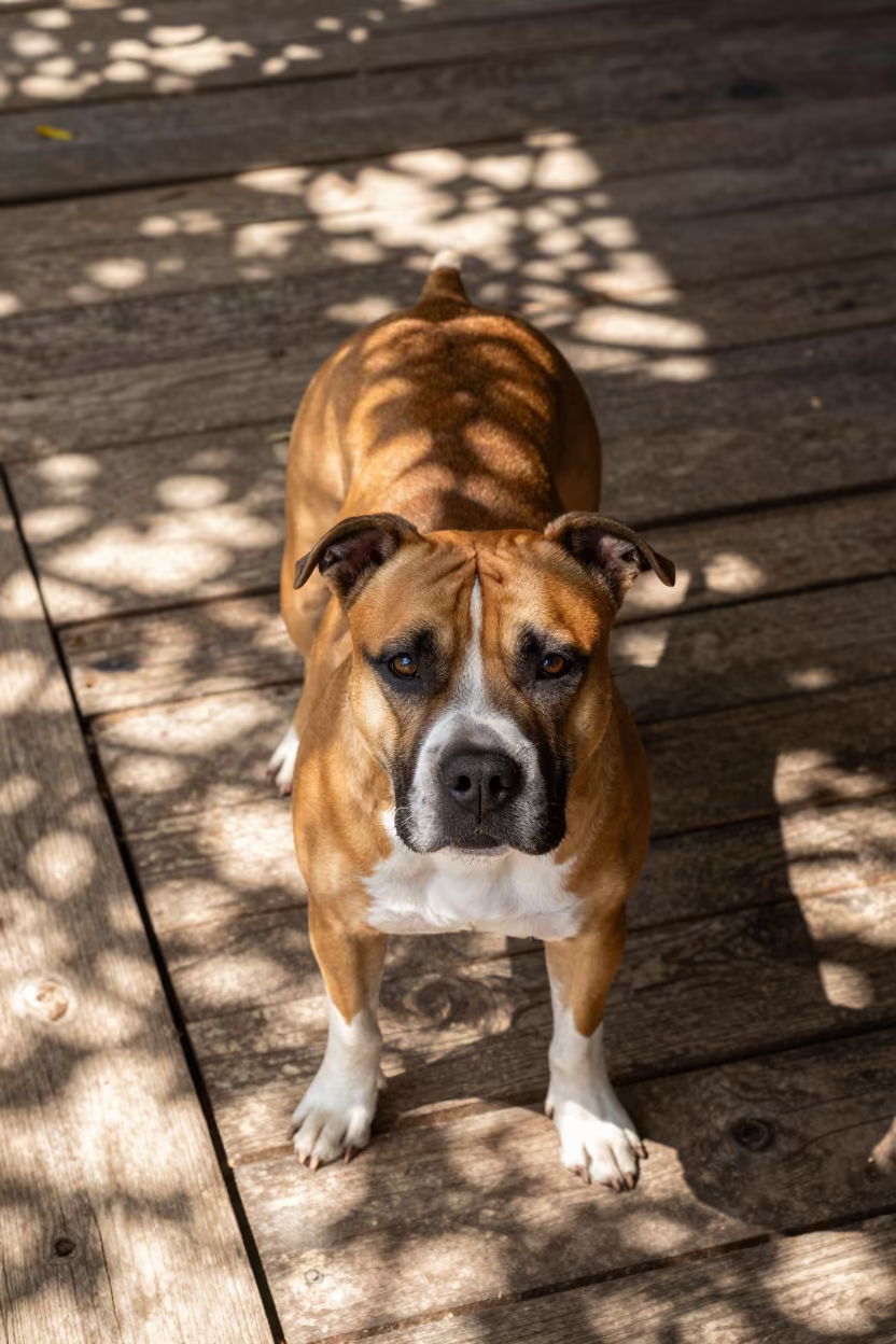 Staffordshire Bull Terrier on Shaded Maracay Porch in on a shaded front porch with boards, railings, and eye-level framing in Maracay