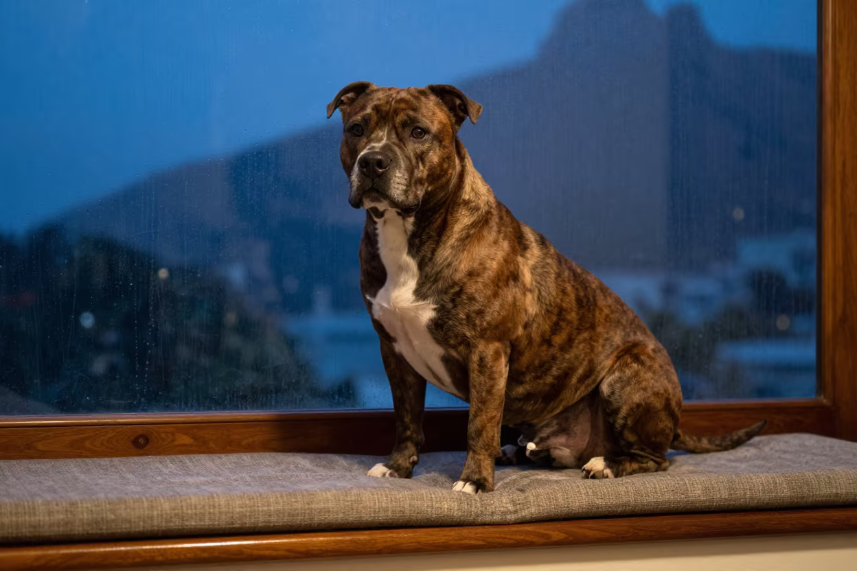Staffordshire Bull Terrier on Window Seat in on a cushioned window seat with soft side light and an uncluttered background near Rio de Janeiro