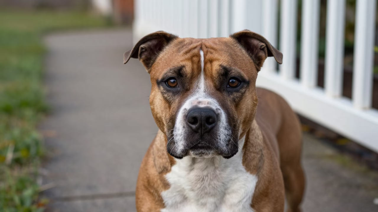 Staffordshire Bull Terrier Portrait in Tanga Garden Light in near a garden edge with soft morning light and an uncluttered background in Tanga