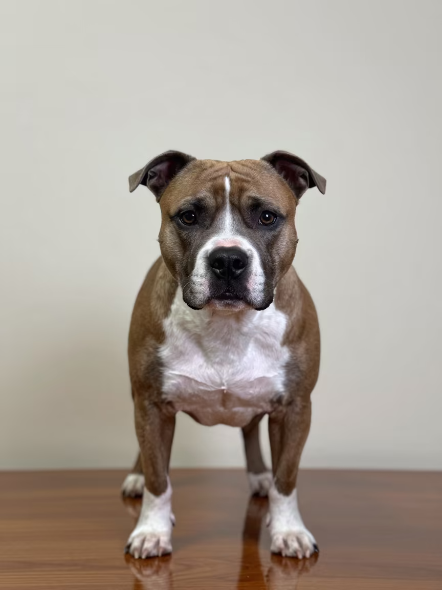 Staffordshire Bull Terrier Portrait in Ulaanbaatar Home in beside a plain plaster wall in soft indoor light with the animal centered in frame in Ulaanbaatar