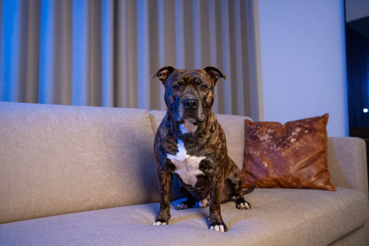 Staffordshire Bull Terrier Portrait Near Curtained Window in on a sofa near a curtained window with calm indoor light in Leganés