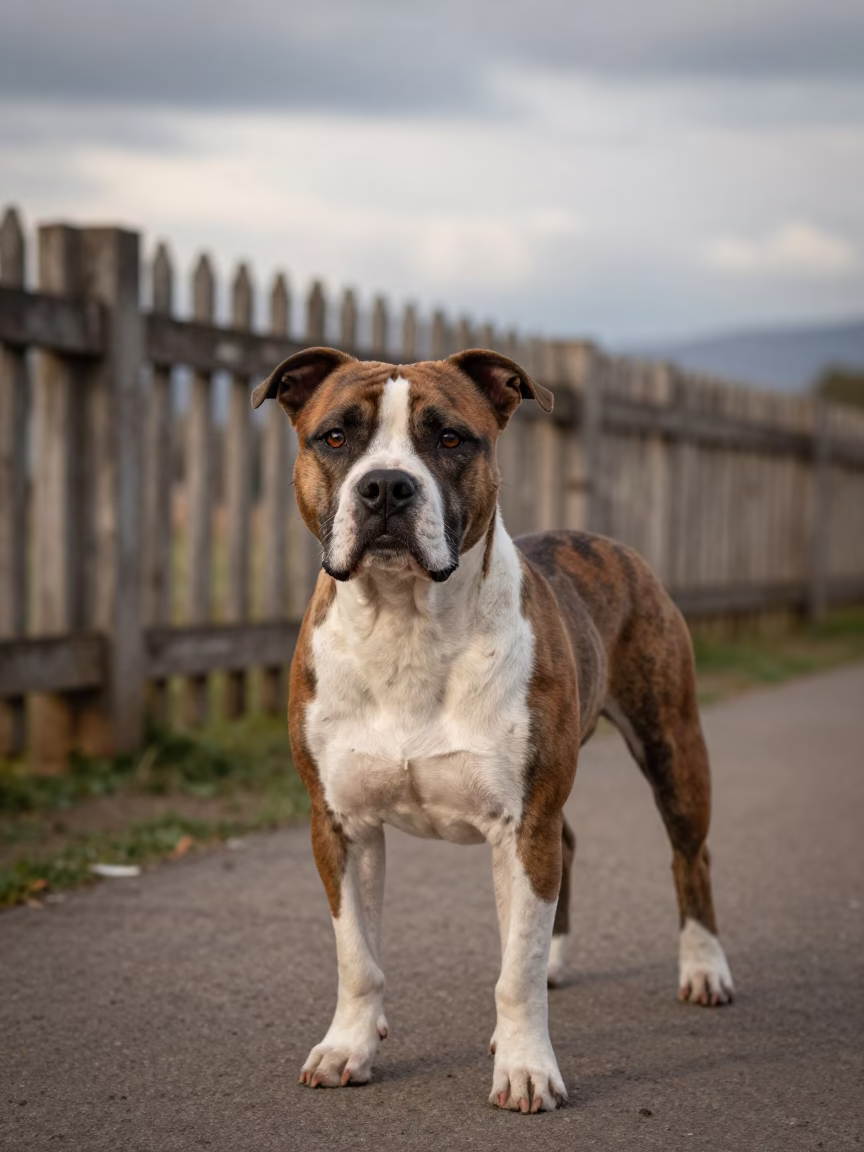 Staffordshire Bull Terrier Portrait on Otavalo Path in along a quiet park path with soft open shade and a clean background in Otavalo