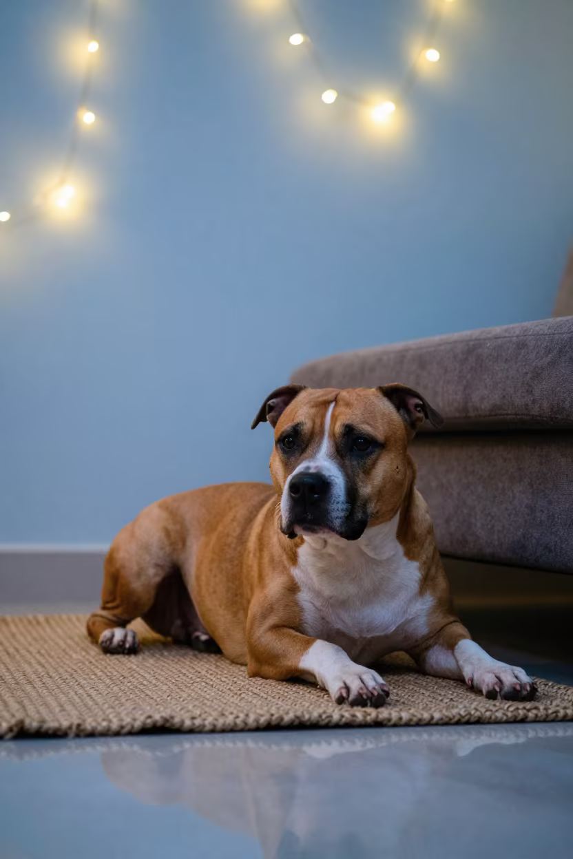 Staffordshire Bull Terrier Resting Indoors in on a woven rug beside a low couch and an uncluttered wall near Hyderabad