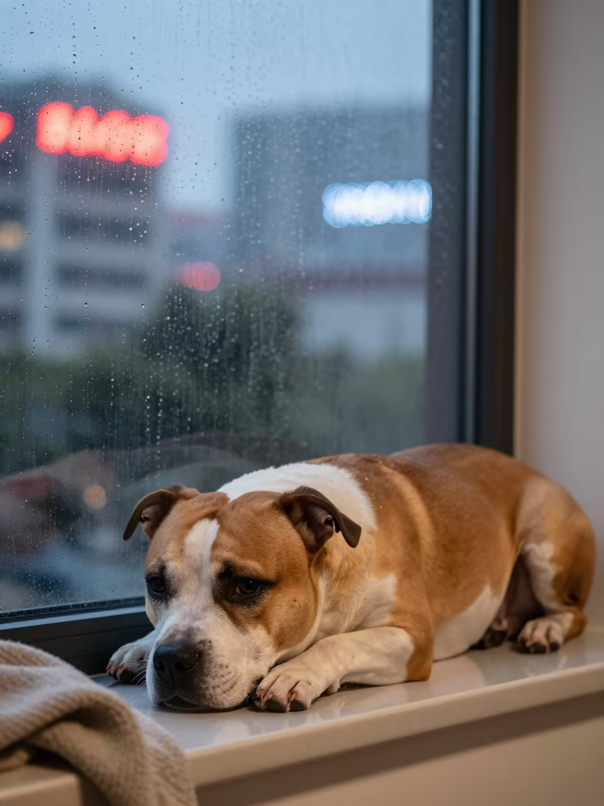 Staffordshire Bull Terrier Resting on Window Seat in on a window seat in a quiet apartment with soft side light in Bangalore