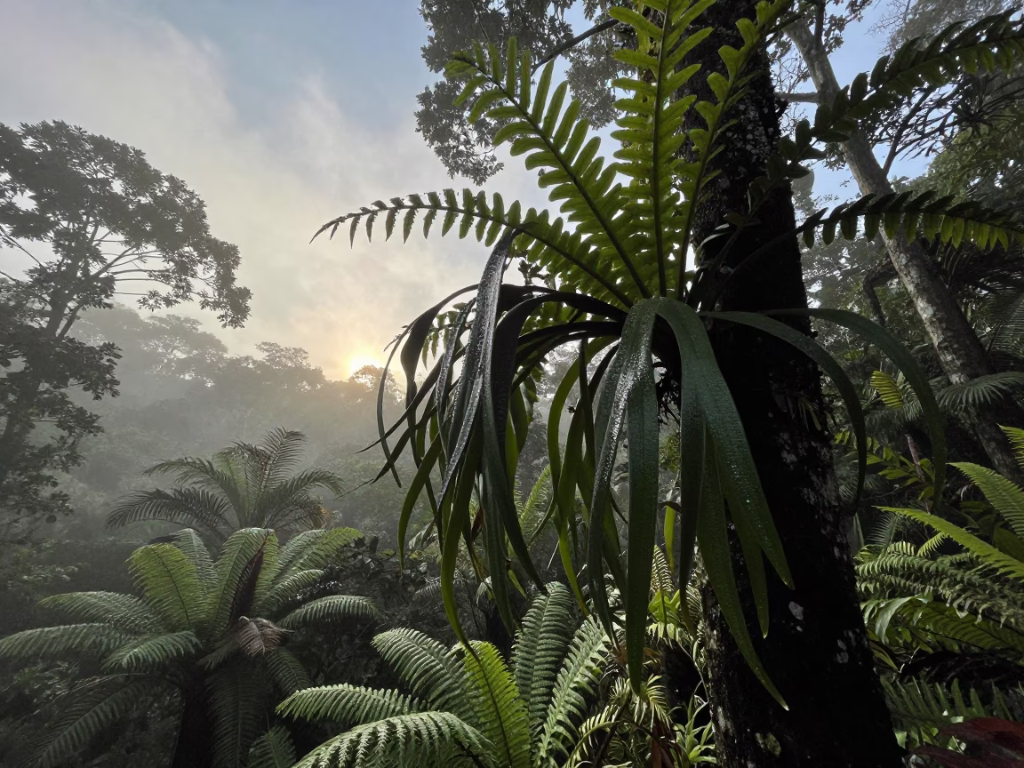 Staghorn Fern on Rainforest Trunk Before Sunrise in on a fern-lined forest floor in Jamaica