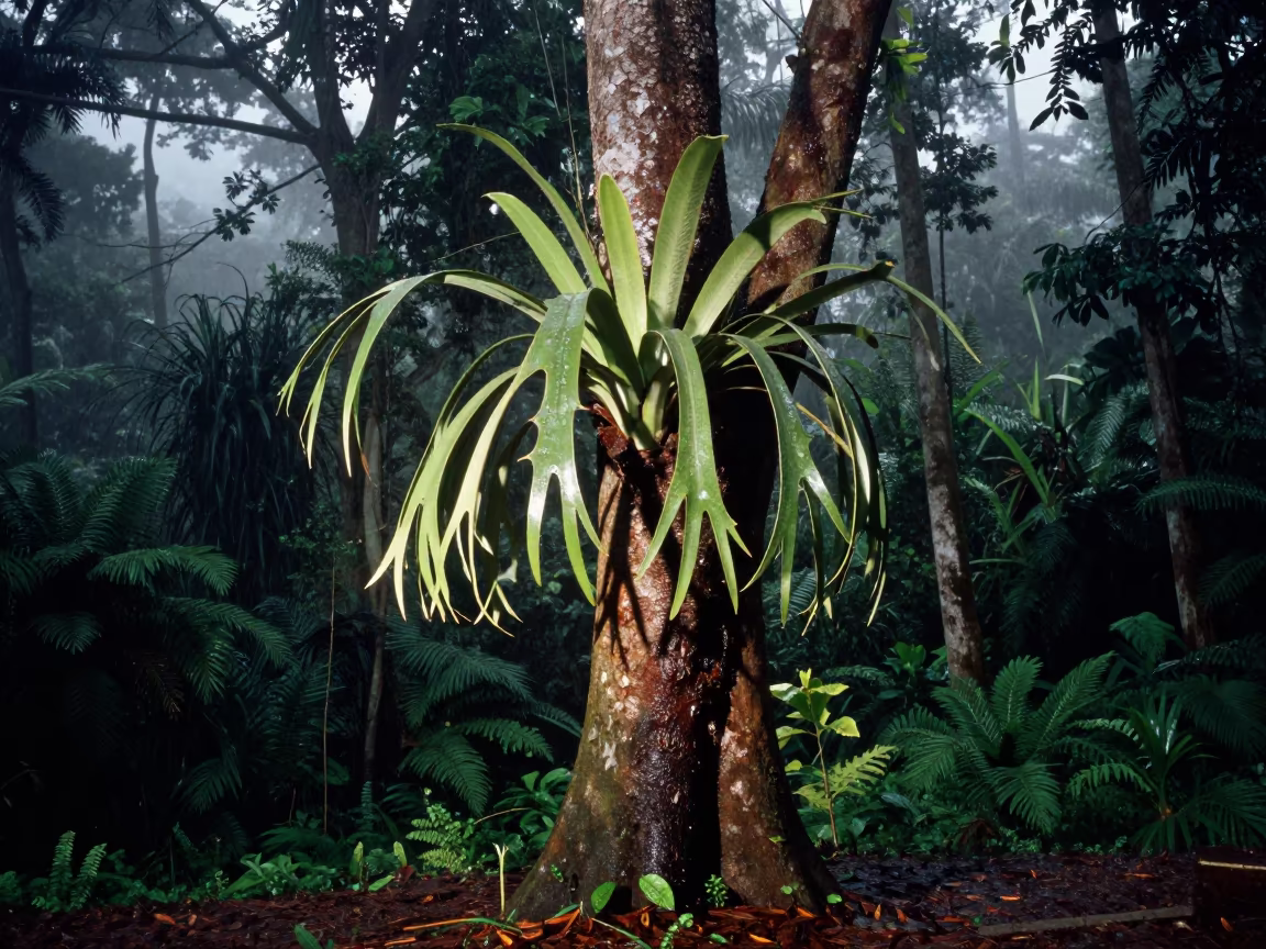 Staghorn Fern on Rainforest Trunk at Dawn in in Sri Lanka