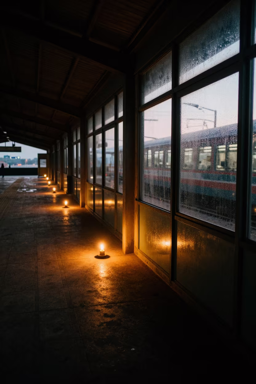 Stained Concrete and Asphalt in Predawn Terminal in inside a restored train terminal in Kinshasa