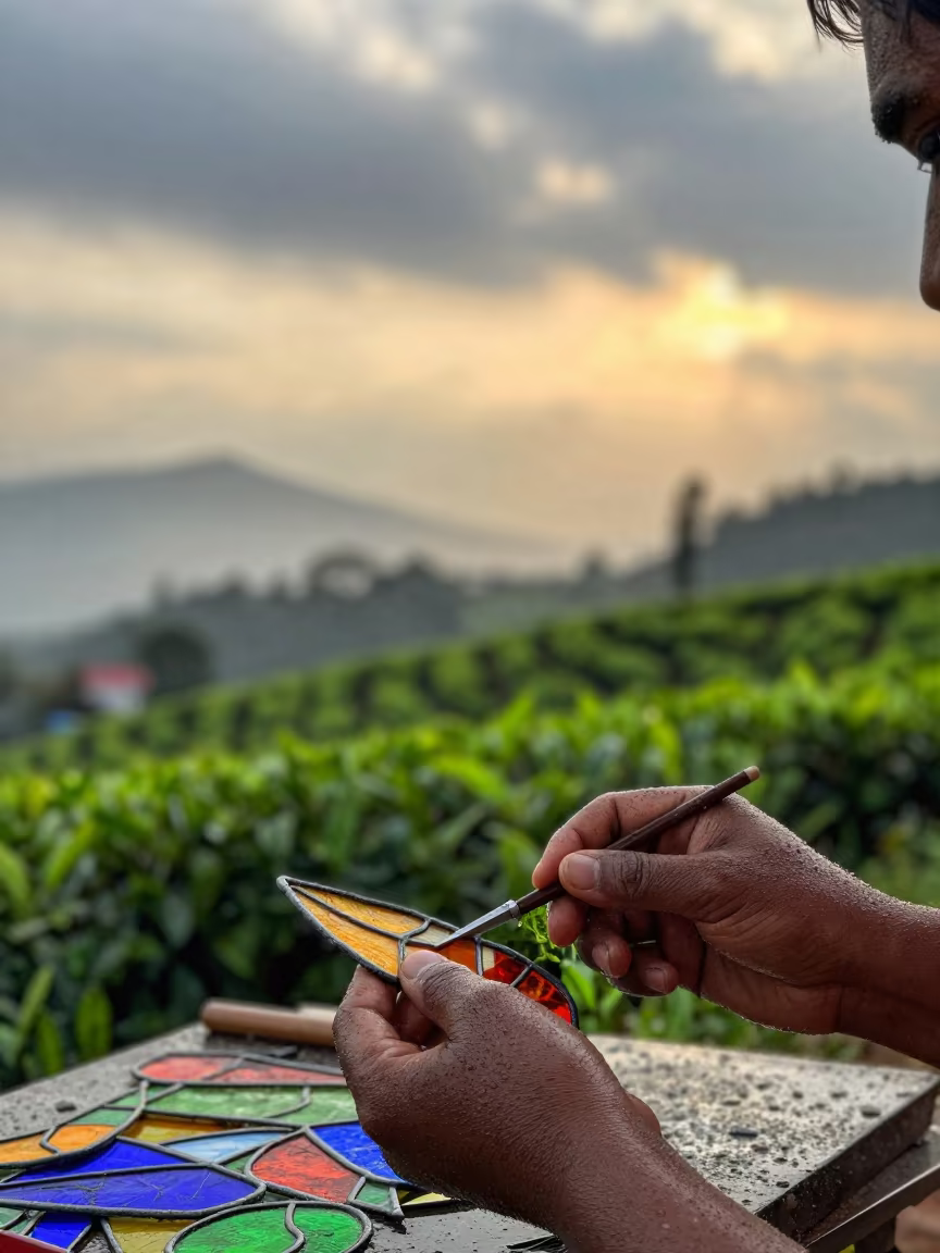 Stained Glass Artisan Portrait in Munnar Square in at a public square in Munnar
