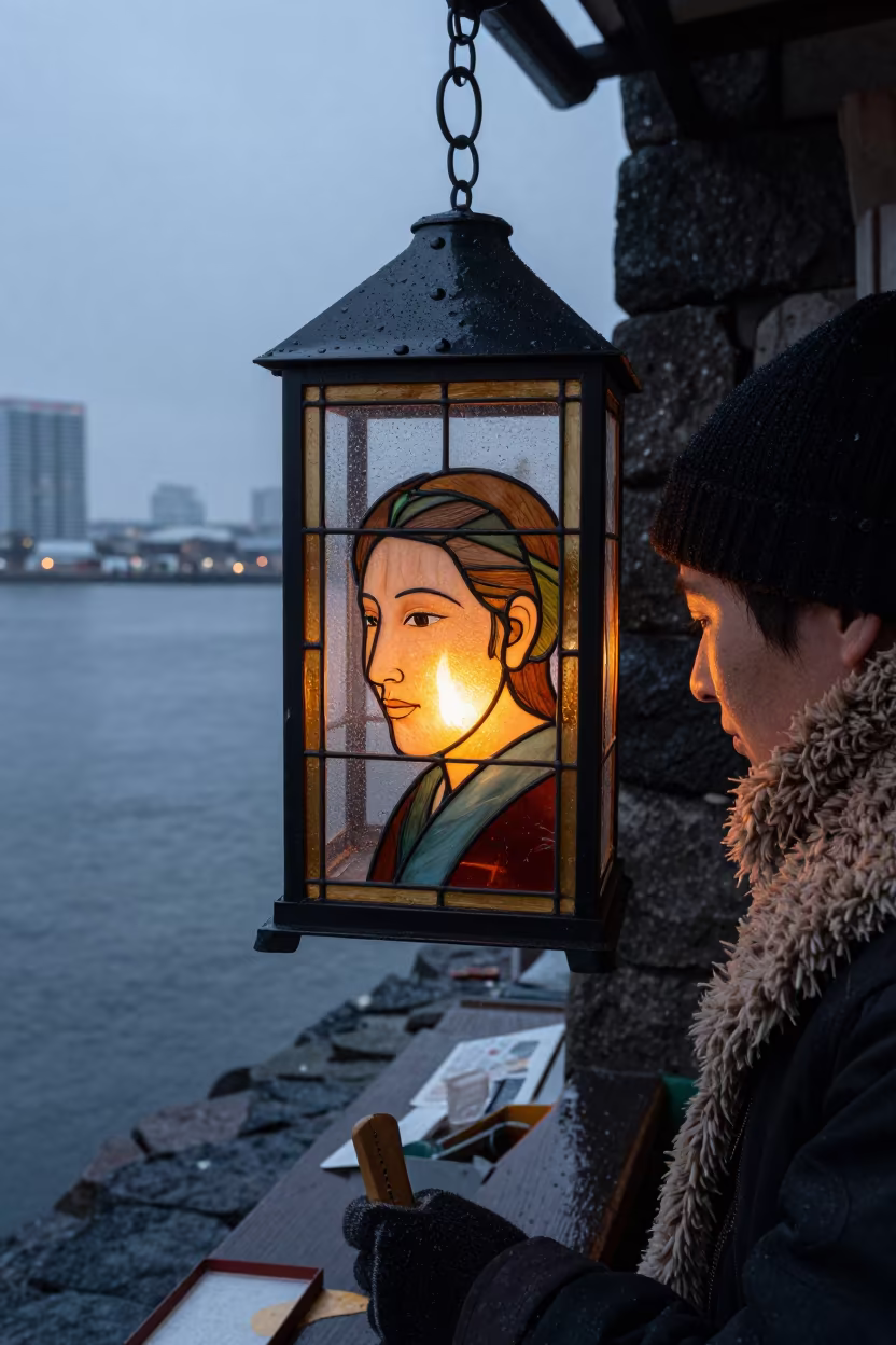 Stained Glass Artisan in Predawn Firelight in near a riverside landing in Yokohama