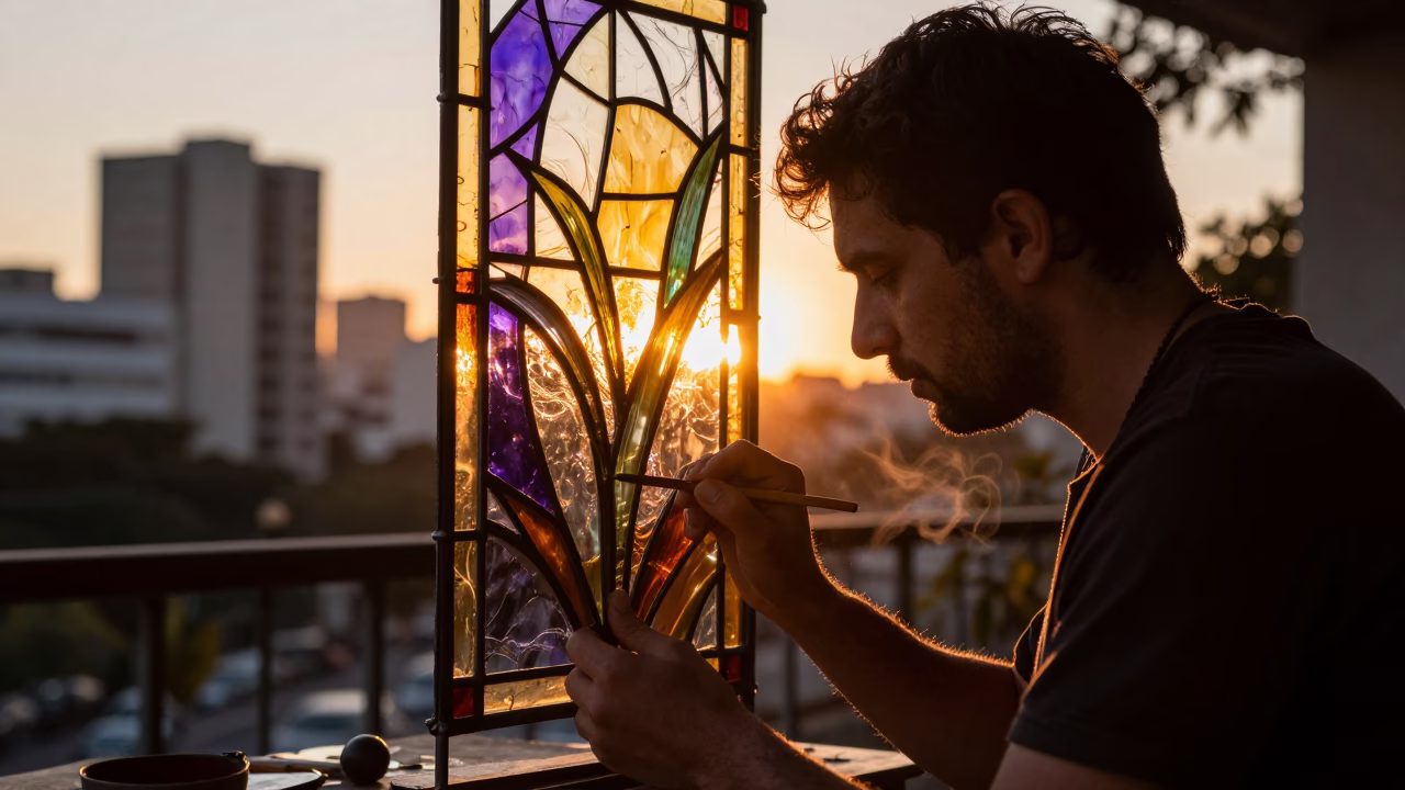 Stained Glass Artisan Silhouette at Sunset in in São Paulo