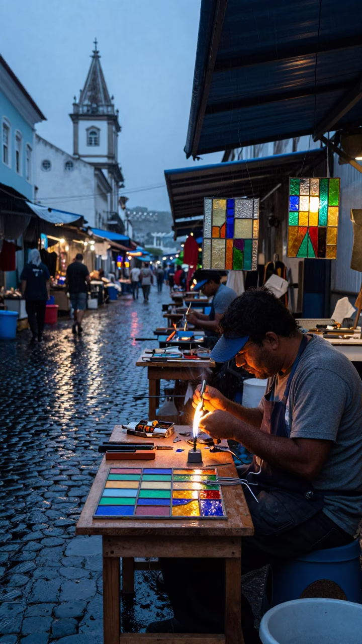Stained Glass Artisan Soldering Lead Came at Dawn in along a market lane in Salvador