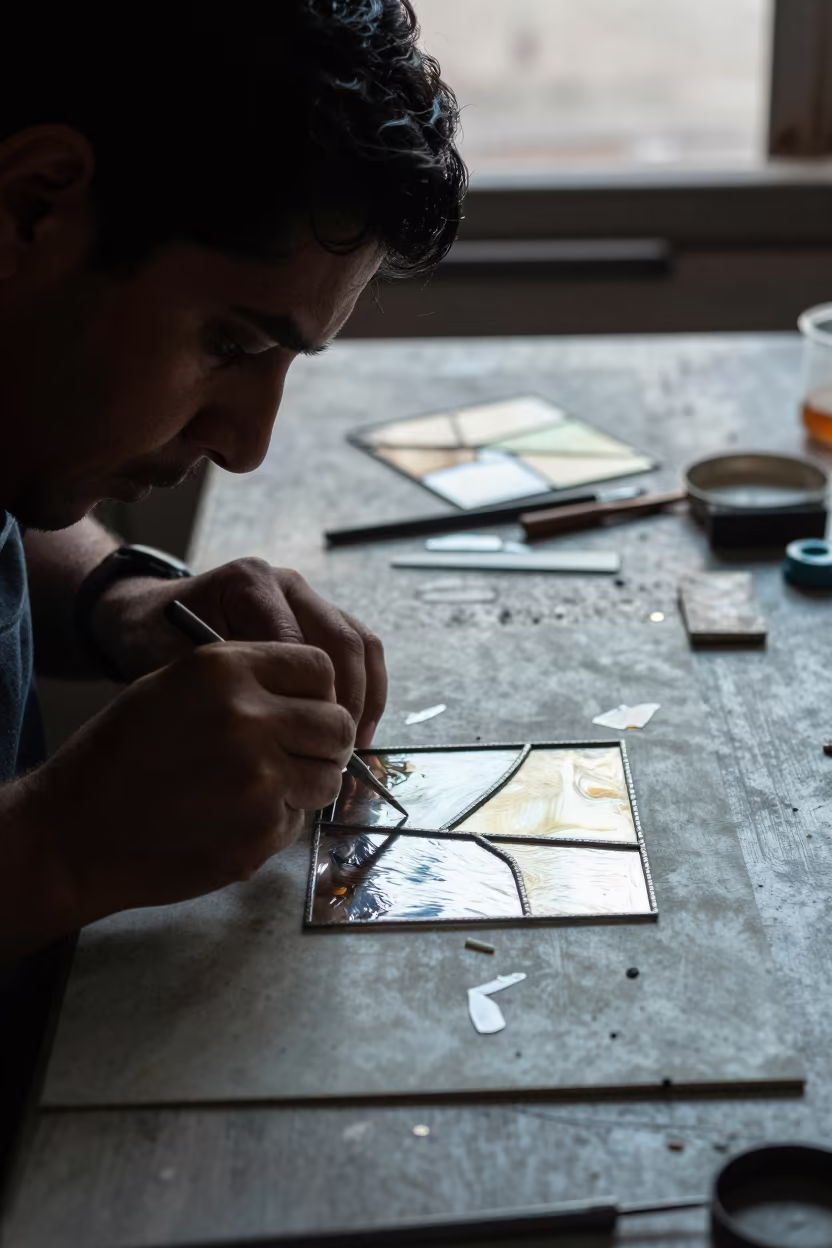 Stained Glass Artisan Soldering Lead Came in Mexico City in in Centro Historico, Mexico City