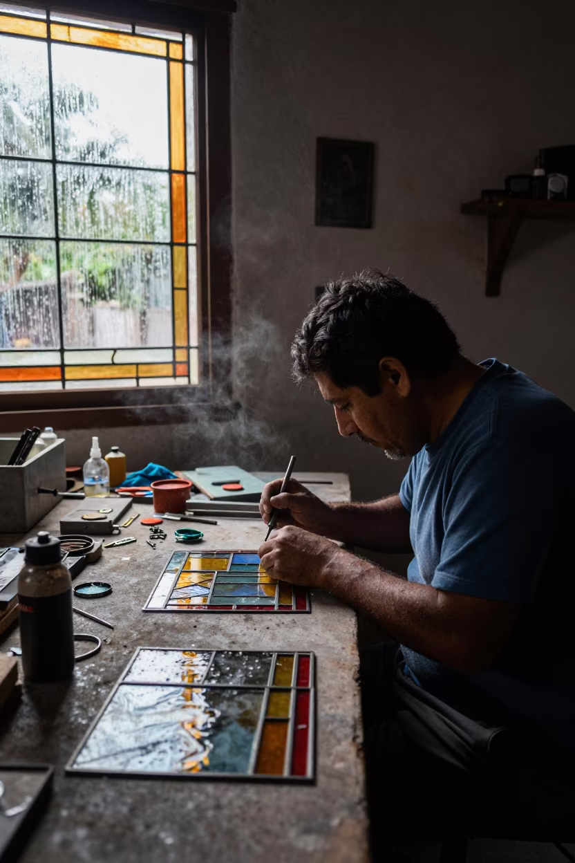 Stained Glass Artisan Soldering Lead Came in Monterrey in in the old quarter in Monterrey