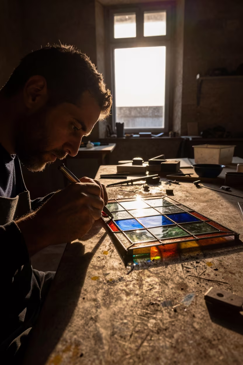 Stained Glass Artisan Soldering Near Coimbra in near Coimbra