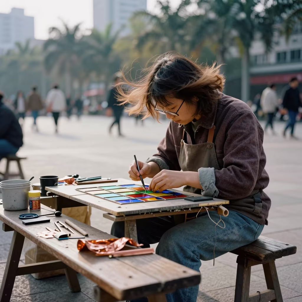 Stained Glass Artisan Working in Hefei Square in at a public square in Hefei
