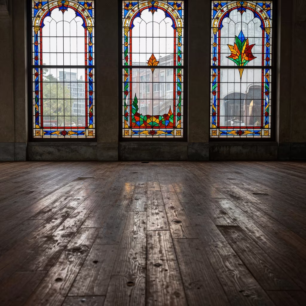 Stained Glass Colors on Old Wood in Hefei Terminal in inside a restored train terminal in Hefei