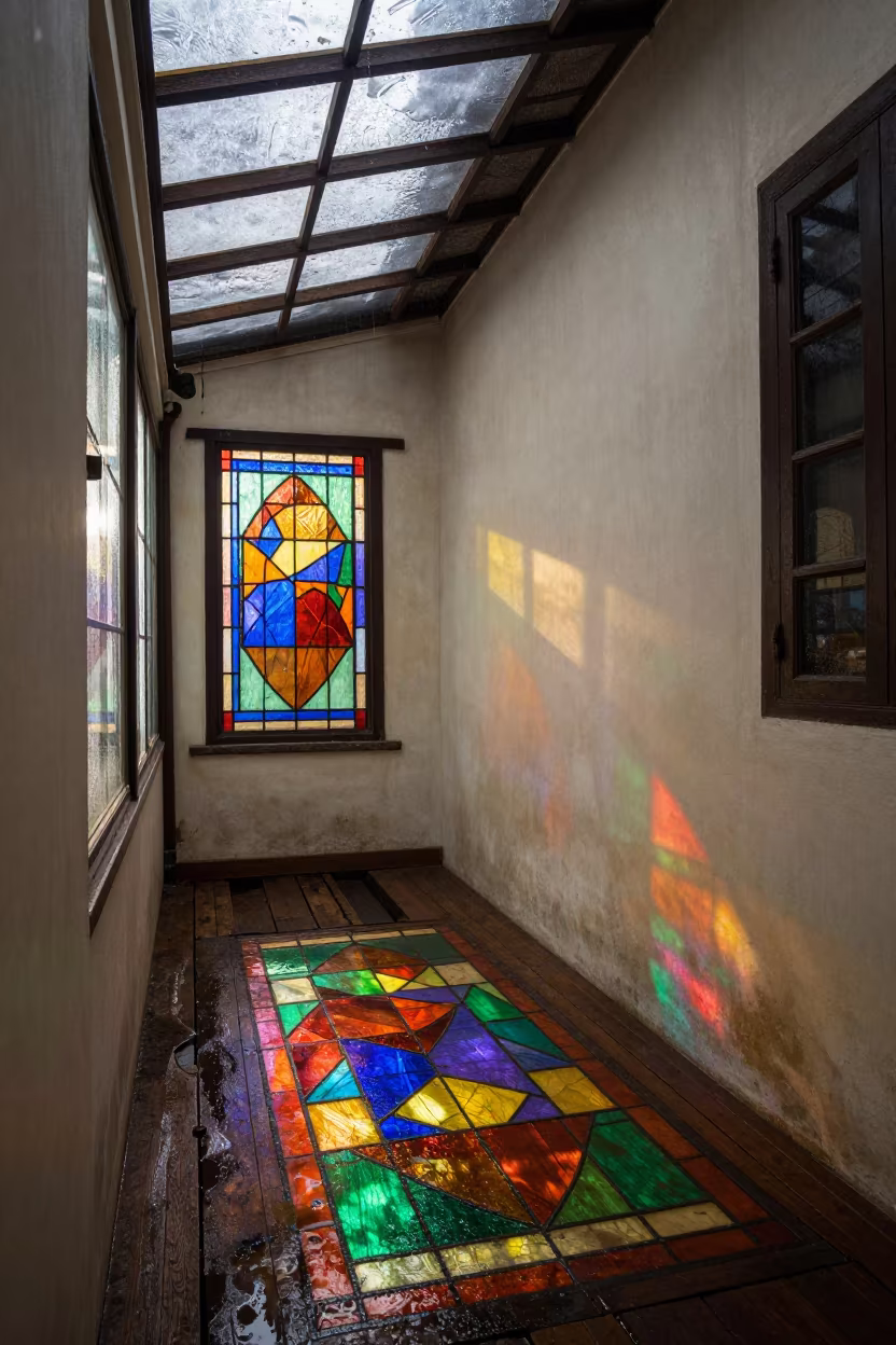 Stained Glass Kaleidoscope on Old Wood in Manila in inside a skylit passageway in Intramuros, Manila