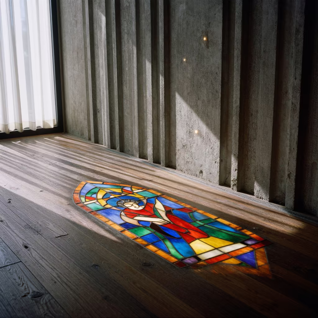 Stained Glass Kaleidoscope on Old Wood in inside a ribbed concrete lobby in Danané