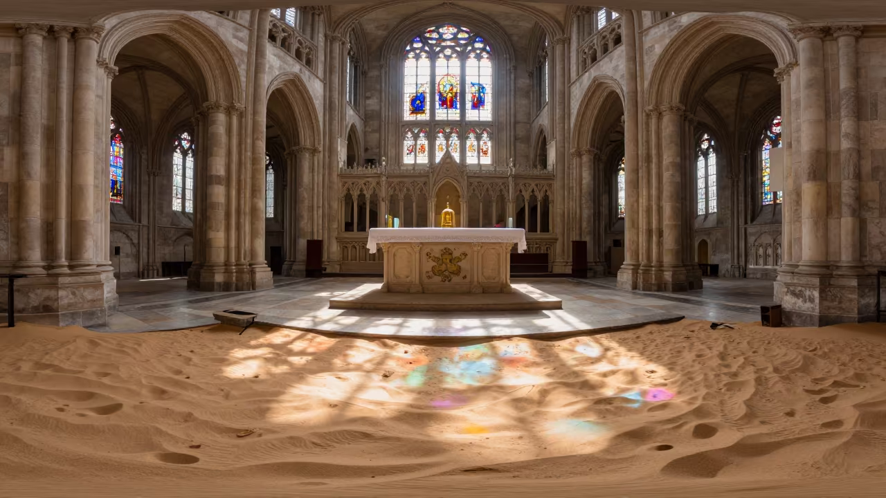 Stained Glass Light on Cathedral Sand Floor in at the foot of a stone altar in Portsmouth