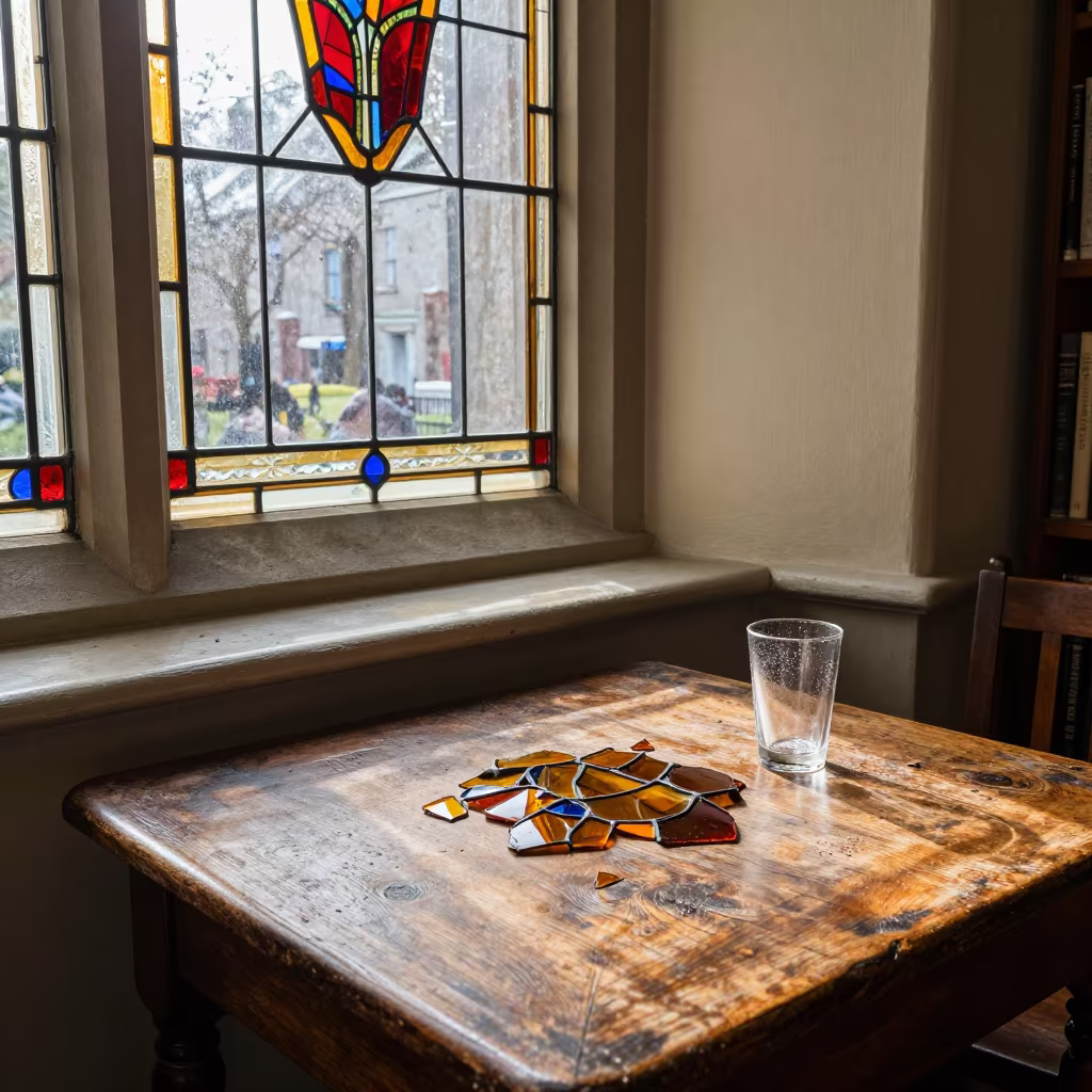 Stained Glass Light on Dusty Library Table in on a dusty library table in Galway
