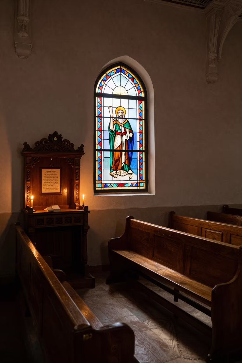 Stained Glass Light in Kasama Synagogue in beside a carved Torah ark in Kasama