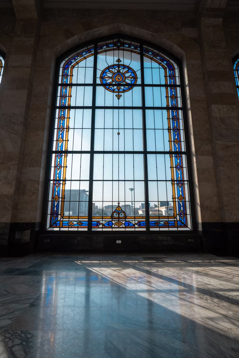 Stained Glass Light Patterns Train Terminal in inside a restored train terminal in Ashgabat