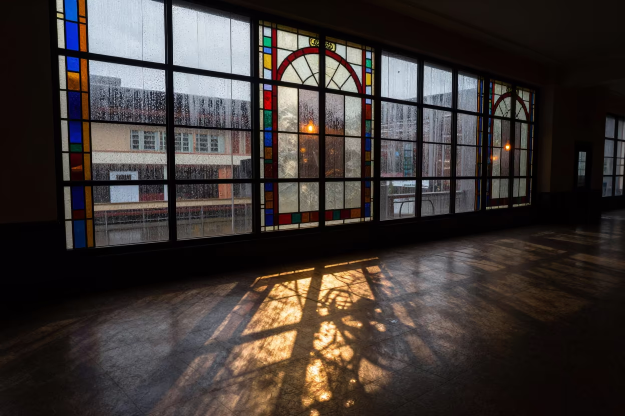 Stained Glass Light Play in Bogota Train Terminal in inside a restored train terminal in La Candelaria, Bogota