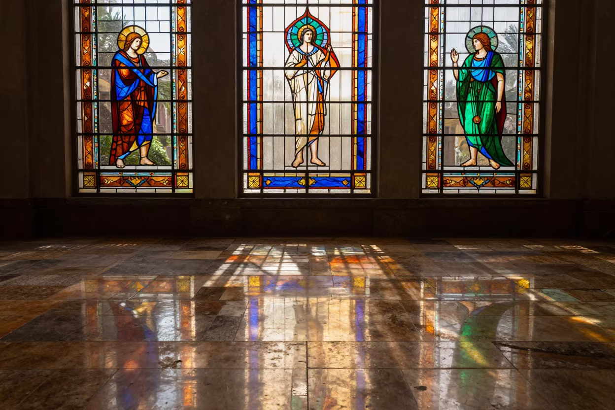 Stained Glass Light Spill Mandalay Arcade in inside a glass-roofed arcade in Mandalay