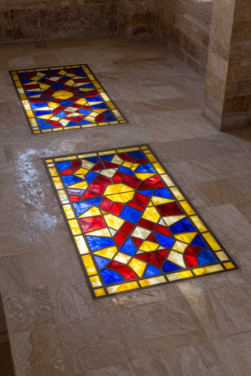 Stained Glass Light on Stone Floor Mosul in inside a vaulted atrium near Mosul