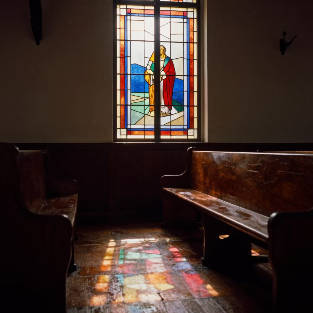 Stained Glass Light on Synagogue Pews in inside a timber synagogue hall in Luanda