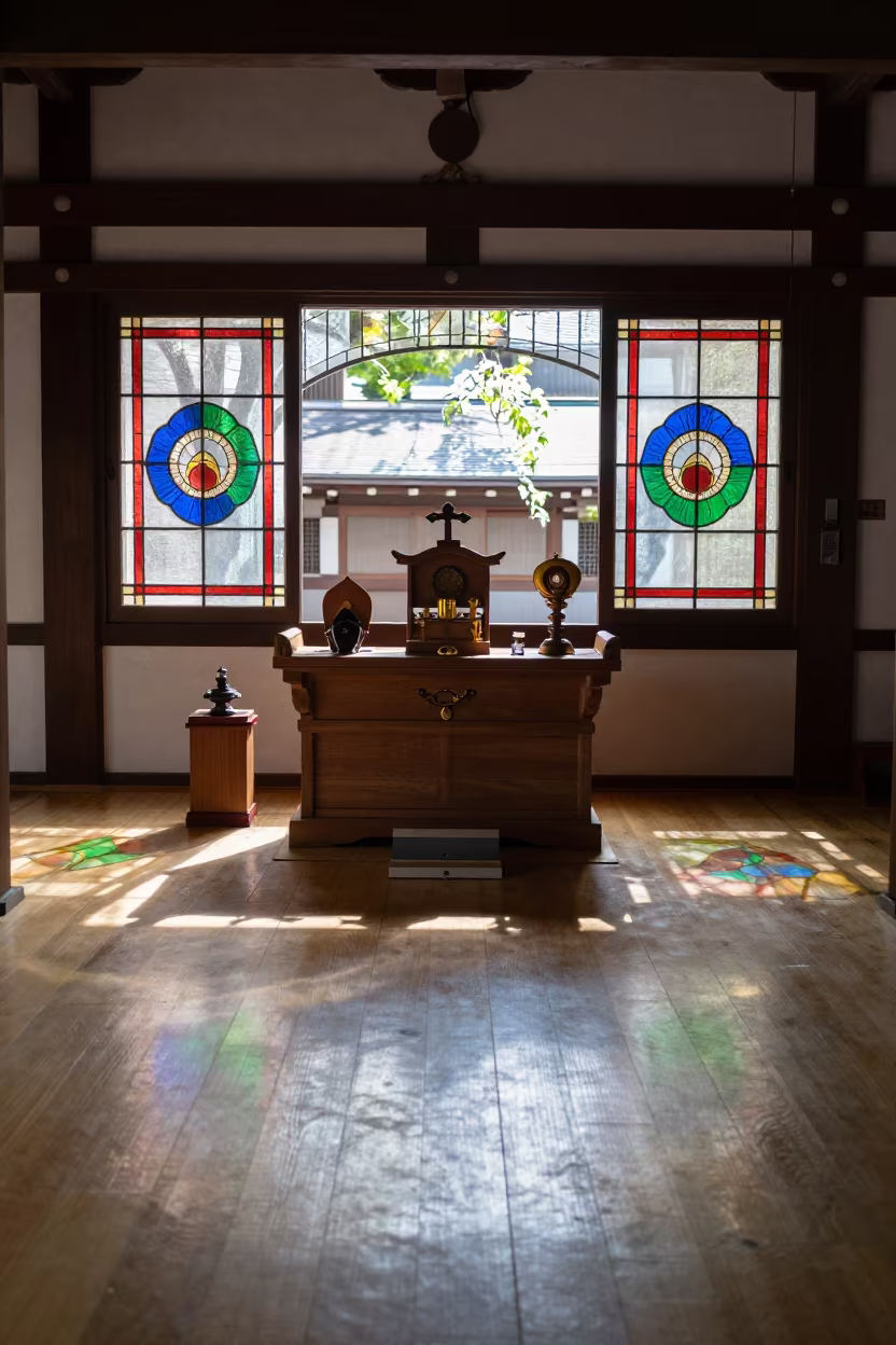 Stained Glass Light on Tokyo Shinto Shrine Altar in in a chapel lit by stained glass in Tokyo