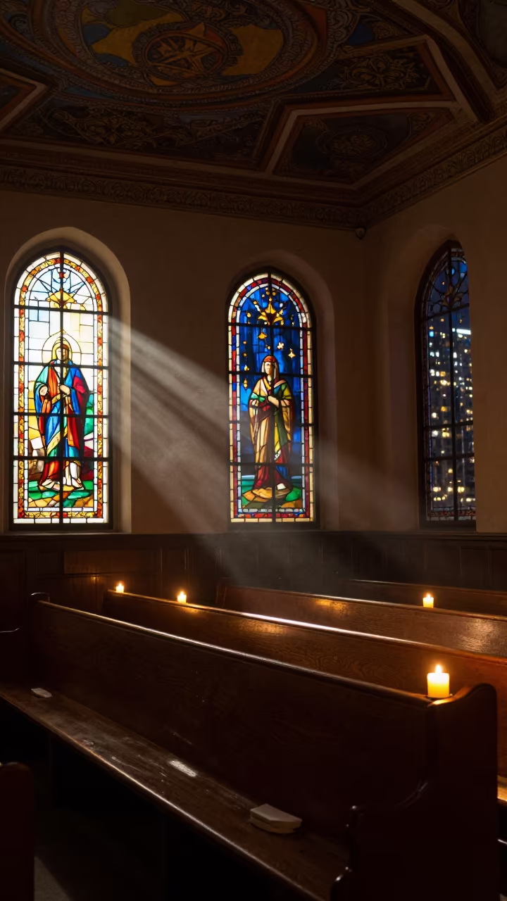 Stained Glass Light on Winter Synagogue Pews in beneath a painted synagogue ceiling in Rudrapur