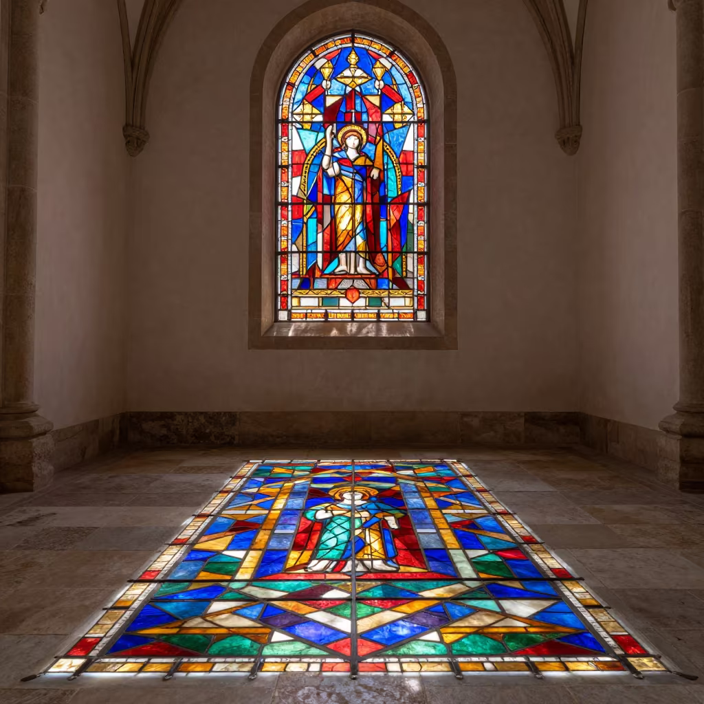 Stained Glass Patterns on Stone Chapel Floor in in a chapel lit by stained glass in San Nicolás de los Arroyos
