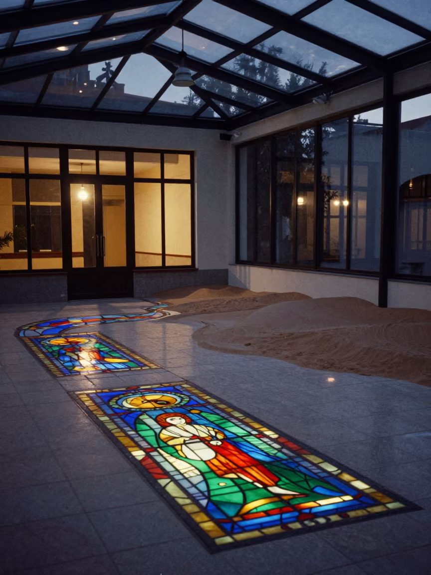 Stained Glass Sand Transition at Twilight in inside a glass-roofed arcade near Tijuana
