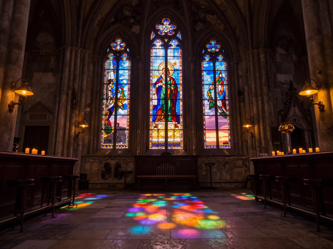 Stained Glass Window Casts Kaleidoscope on Cathedral Floor in inside a candlelit nave in Ruin Bar District, Budapest