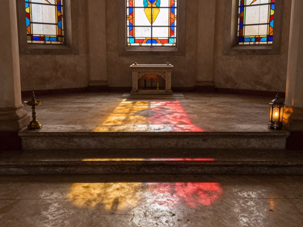 Stained Light on Gurdwara Stone Altar Threshold in at the foot of a stone altar in Los Teques