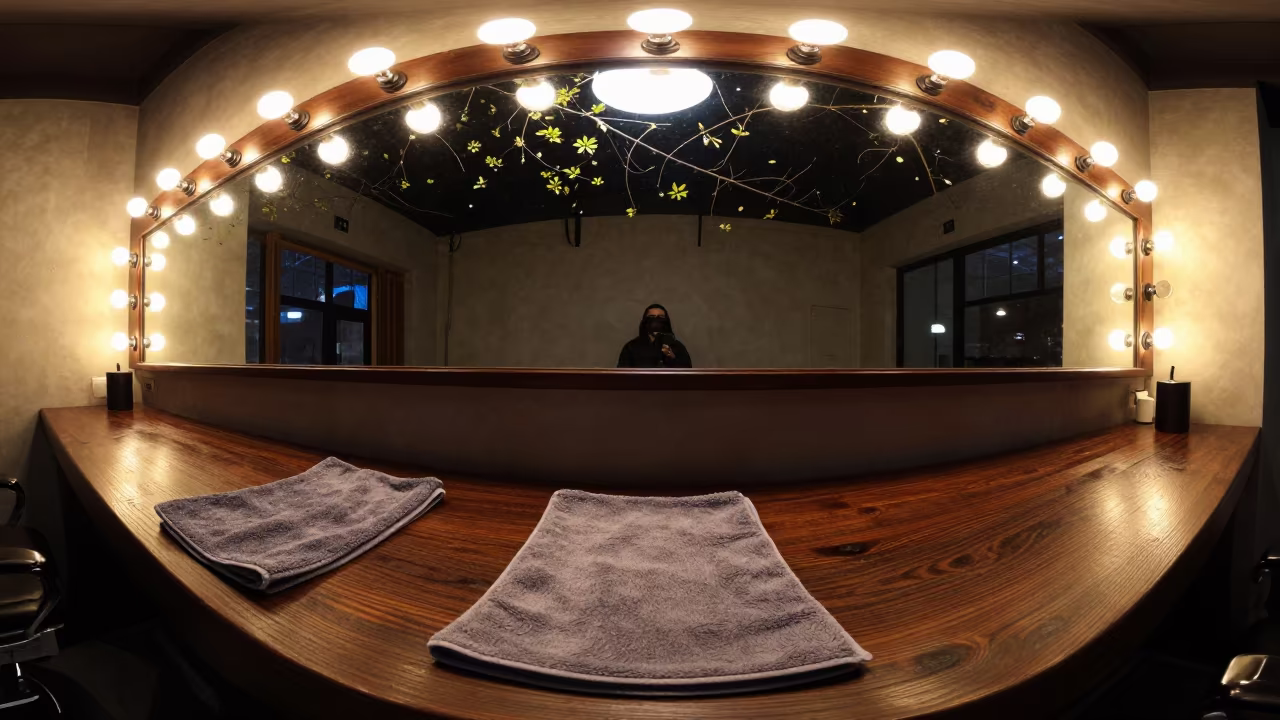 Stained Microfiber Board at Shanghai Barber Station in at a barber station beneath mirror bulbs near Lujiazui, Shanghai