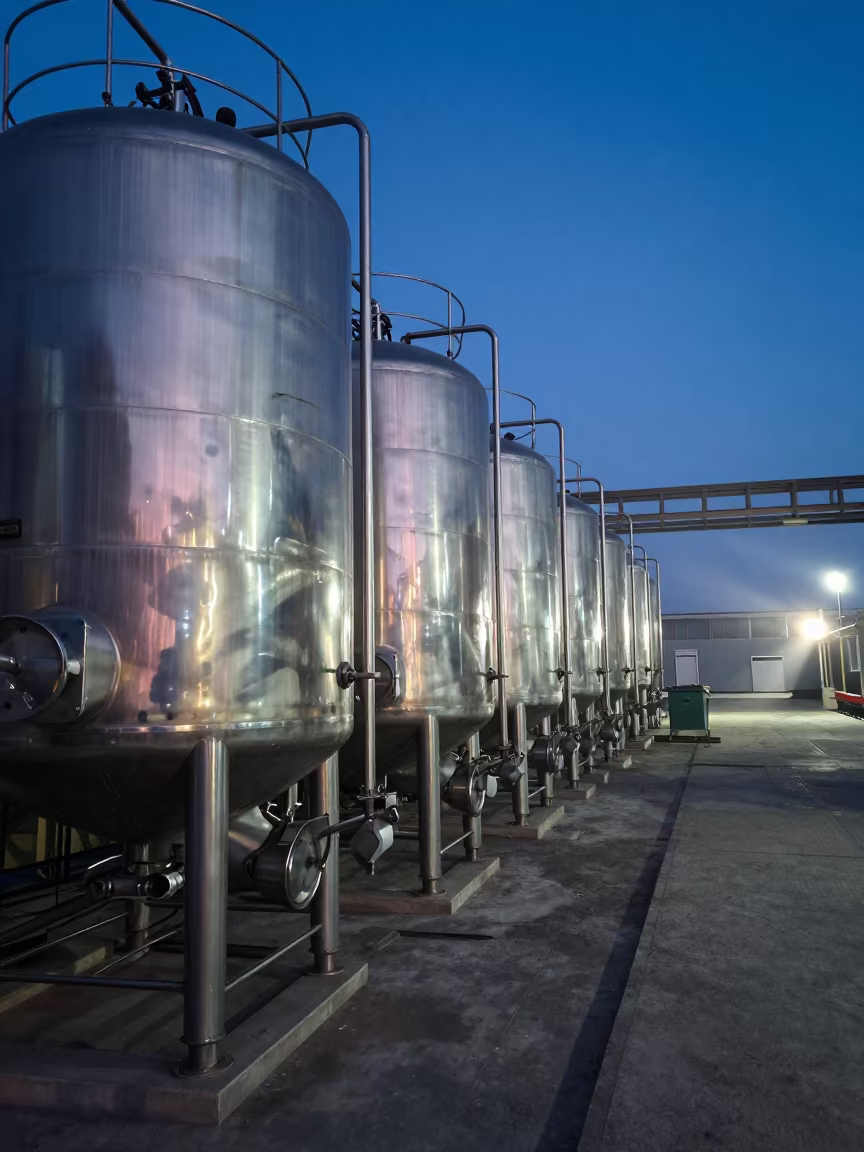Stainless Fermenter Tanks in Welding Bay at Dusk in in a welding bay near Makhachkala