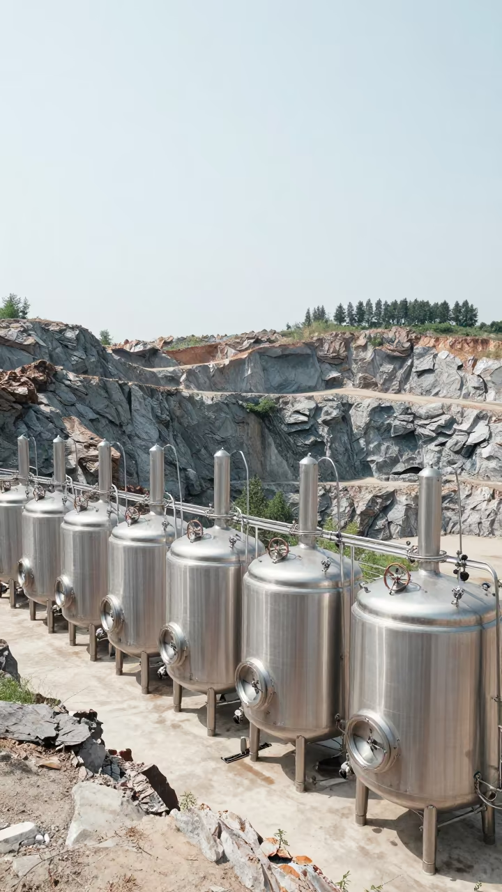 Stainless Fermenter Tanks on Wuhan Quarry Ledge in on a quarry ledge near Wuhan