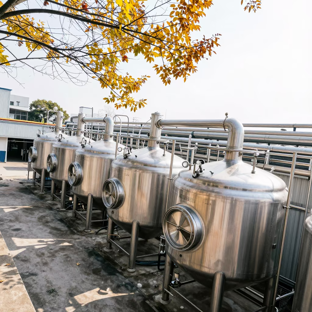 Stainless Fermenters in Tokyo Rail Yard Light in at a rail yard near Tokyo