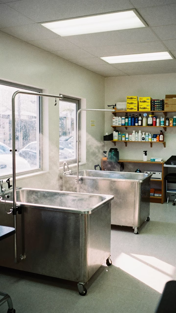 Stainless Hook Rail in Suez Grooming Bay in inside a grooming bay near Suez