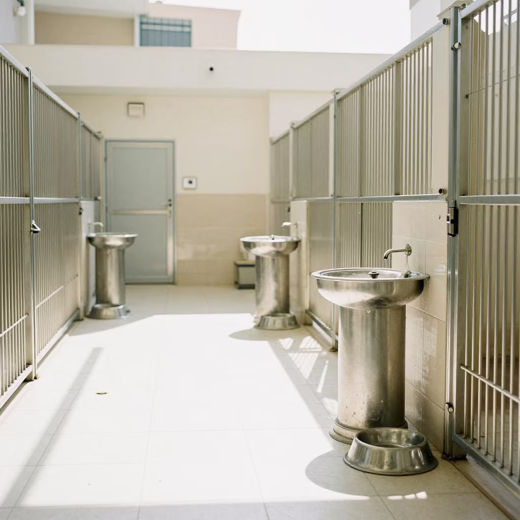 Stainless Hydration Fountain in Ashkelon Kennel in in a boarding kennel corridor near Ashkelon