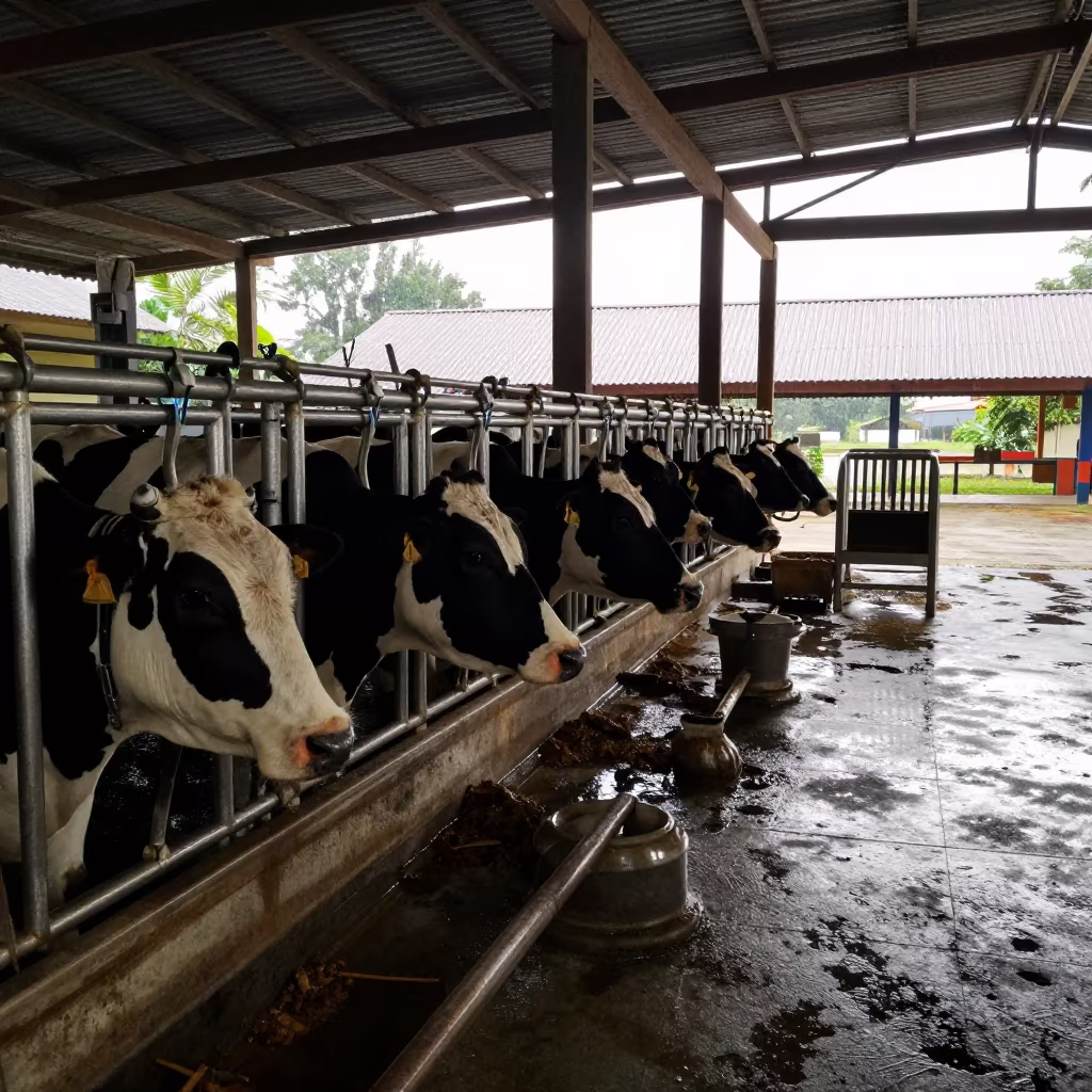 Stainless Lines and Cows in Indonesian Barn in beside a veterinary crush in a barn in Indonesia