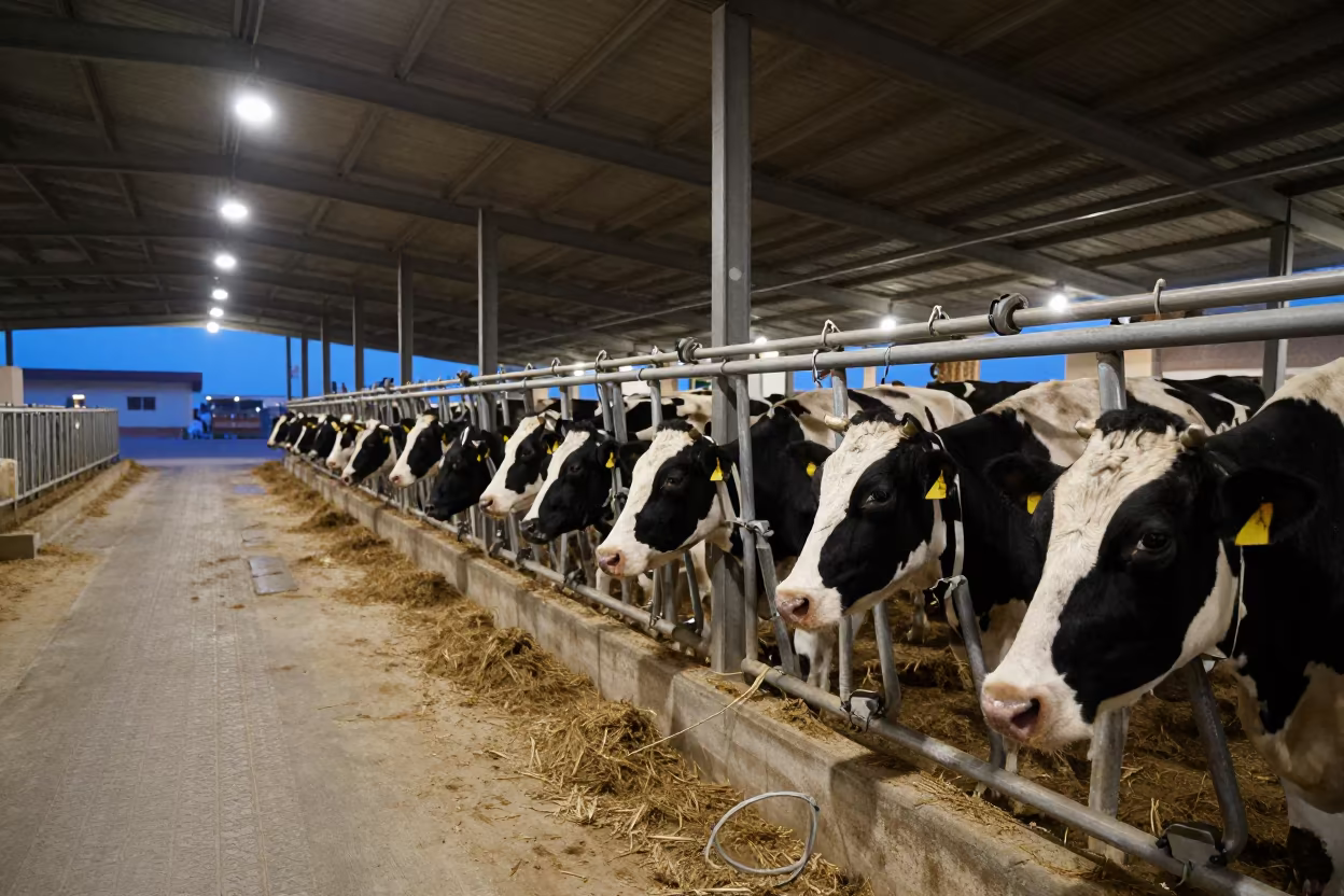 Stainless Lines and Cows in Saudi Evening Barn in beside a veterinary crush in a barn in Saudi Arabia